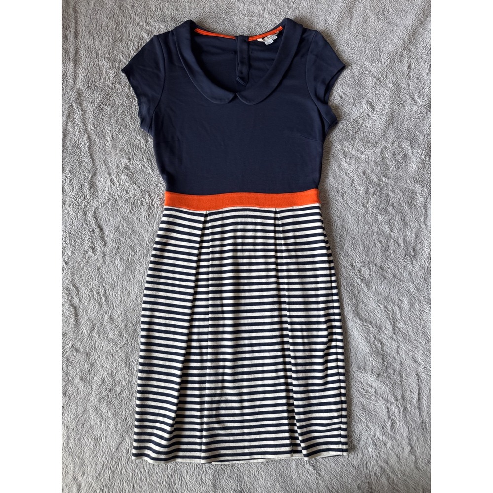 Boden Navy Blue Orange Striped Peter Pan Collar Dress US 6R UK 10R Short Sleeve
